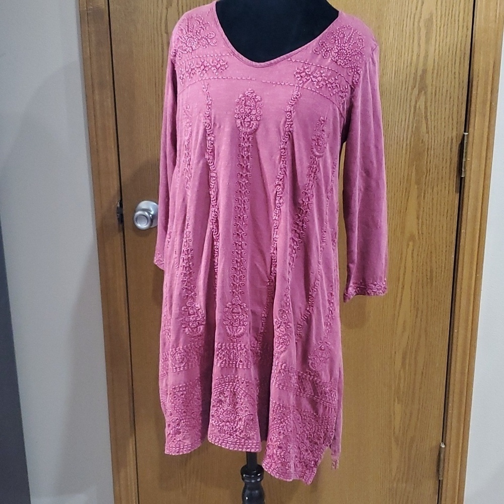 Karyn Seo nwt distressed boho red long sleeve embroidered long split tunic top